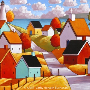 Town Ocean Road, 8x11 Art Print Giclee, Lighthouse Coastal Summer Cottage Landscape, Wall Decor Artwork by Artist Horvath