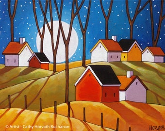 Autumn Night Moon  8x11 Art Print Giclee, Cottages Art Print, Folk Art Night Countryside Trees Landscape Artwork by Cathy Horvath Buchanan