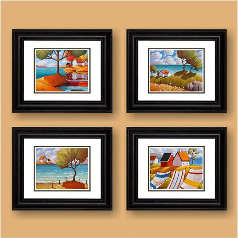Set of 4 Coastal Seaside Artwork Summer Ocean Cottages Etsy