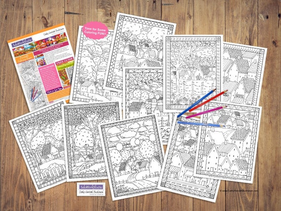 Download Folk Art Coloring 10 Pack Town Country Landscape Views Etsy