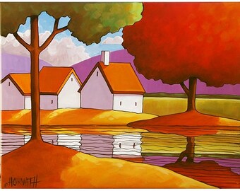 PAINTING Original Landscape Folk Art Trees Summer Cottage River Retreat Modern Acrylic on Canvas Ready to Hang Fine Artwork by Horvath 14x18