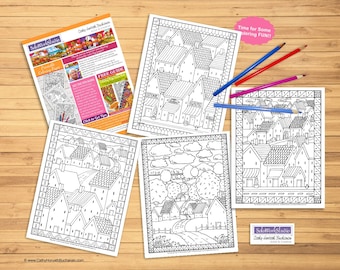 Folk Art Town 4 Pack Coloring Pages, Village Landscape Sheets, Coloring Book, PDF Instant Download, Printable Digital Illustration Artwork