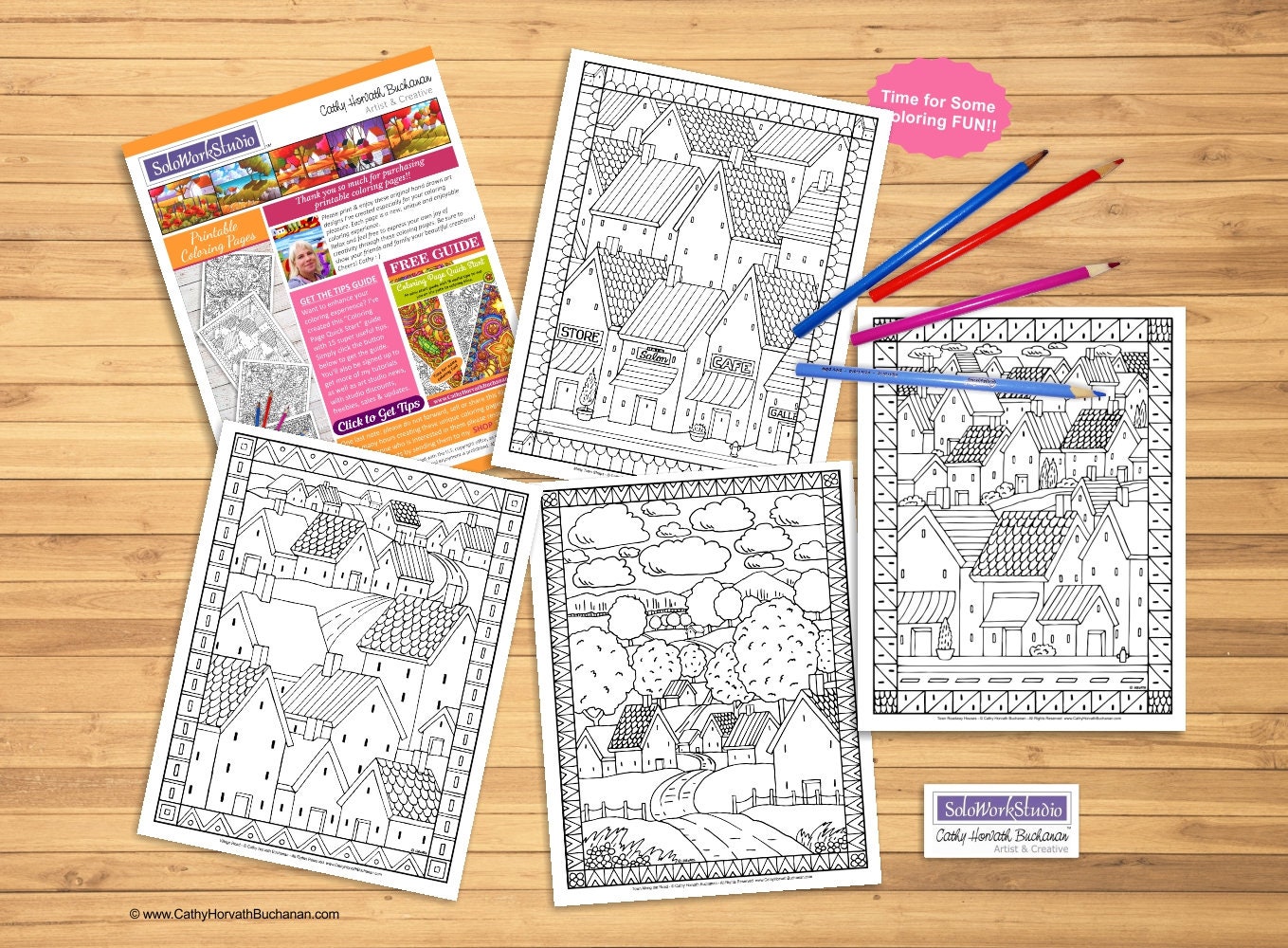 Download Folk Art Town 4 Pack Coloring Pages Village Landscape Sheets Etsy