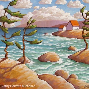 Rocky Waves 5x7 Print, Seascape Shore Windy Trees Art Print by Cathy Horvath, Summer Cottage Coastal Waters Landscape, Lake House Artwork