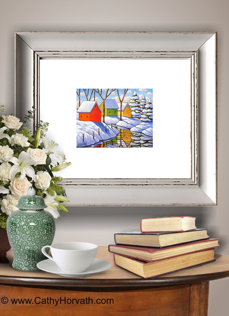 Seasonal Home Decor Artwork Gift Winter Snow 5x7 Print Giclee by Cathy Horvath Christmas Cabin Folk Art Print River Reflection Landscape