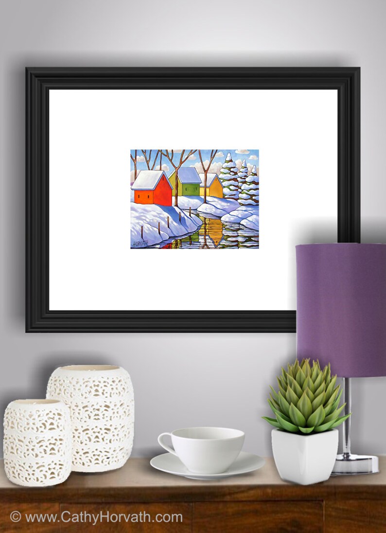 Seasonal Home Decor Artwork Gift Winter Snow 5x7 Print Giclee by Cathy Horvath Christmas Cabin Folk Art Print River Reflection Landscape