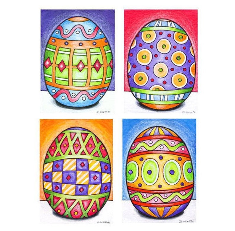 Easter Egg Mini Art Prints, Set of 4 Seasonal Giclee Archival Artwork, Festive Spring Art Decor Collection, Wall Art by Cathy Horvath image 1