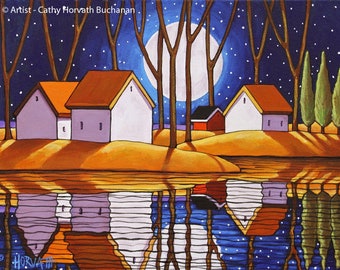 Blue Moon 5x7 Print, Fall Night Water Reflection Landscape, Autumn Evening Home Decor Artwork, Folk Art Print by Horvath at SoloWorkStudio