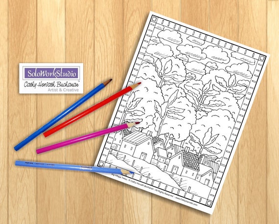 Folk Art Town Country Village Landscape Coloring Pages 7 Pack , Coloring Sheets PDF Instant Download, Printable Digital Illustration Artwork