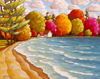 Lake Beach 5x7 Print, Seaside Summer Cottage Waves Landscape, Coastal Cabins Beach Trees Folk Art Print by Cathy Horvath, Artwork Seascape