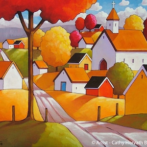 Fall Town 5x7 Print, Autumn Village Church Roadway Landscape Folk Art Print, Home Decor Wall Artwork Giclee by Cathy Horvath, A Unique Gift