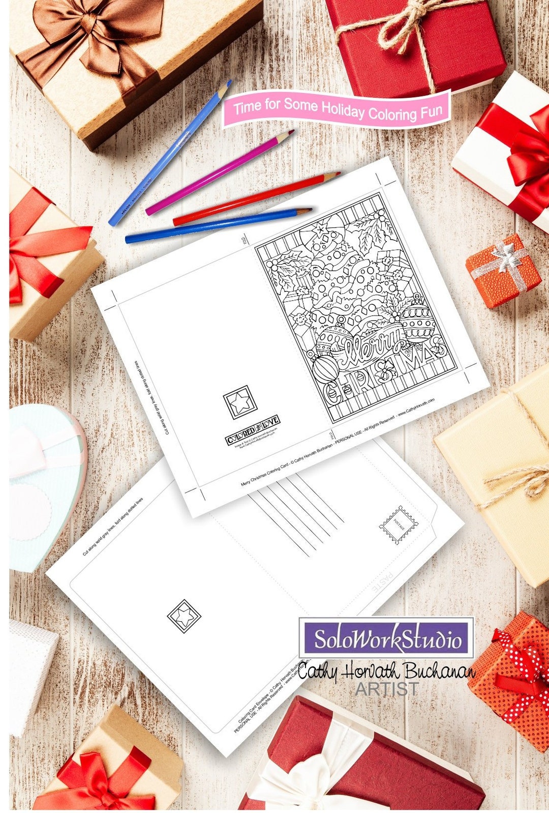 Merry Christmas Coloring Card Kit, Xmas Tree Greeting Card Plus ...