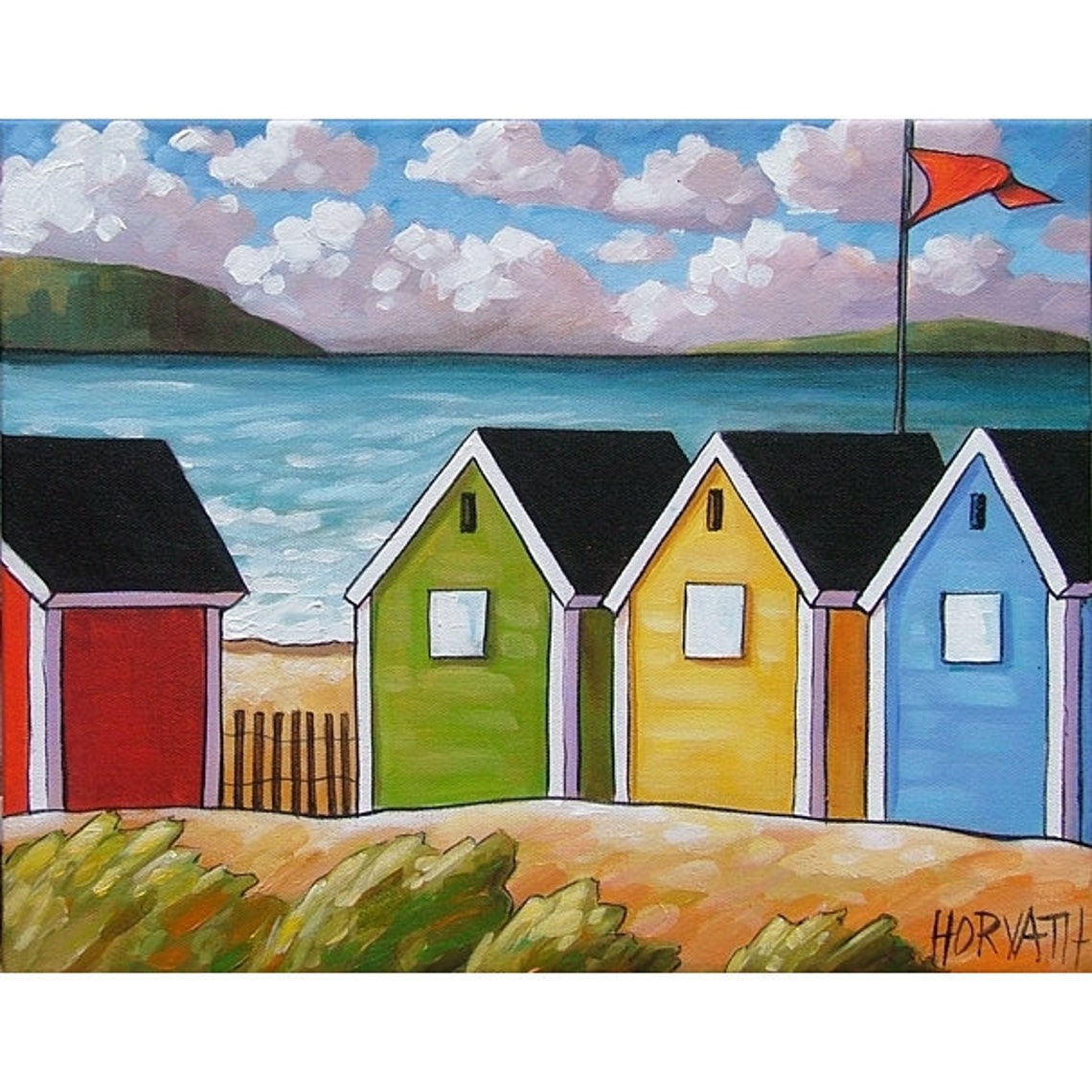PAINTING ORIGINAL Folk Art Abstract Beach Huts Modern Etsy