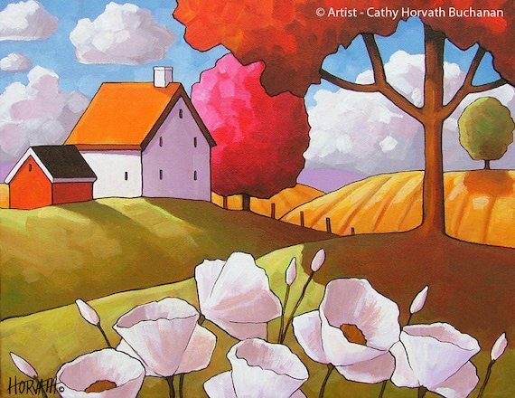 White Flower Cottages Rural Country Folk Art Print 8x11 - Etsy