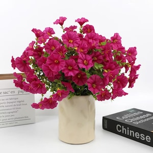 May include: A bouquet of vibrant magenta flowers with yellow centers and green leaves in a cream-colored vase. A black book with the title "Collins Chinese Dictionary" is on the right.