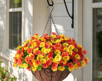 Artificial Hanging Flower Basket – Faux Petunias & Morning Glory for Outdoor Patio Decor