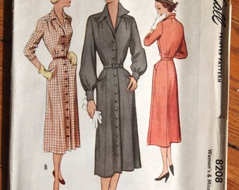 1950 McCall's 8208 Sewing Pattern Tailored Day Dress Bust 30