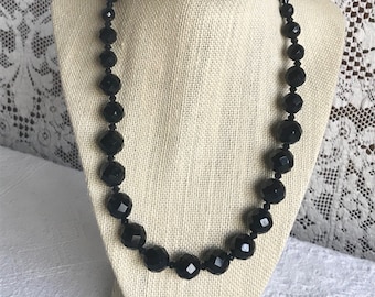 Vintage Single Strand Black Glass Graduated Faceted Bead Necklace