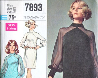 Vintage 1968 Simpliclity Designer Fashion Dress Pattern 7893 Size 12 Bust 34