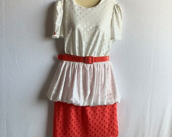 Vintage 1980s Does 1940s Red & White Short Sleeve Peplum Dress L/XL