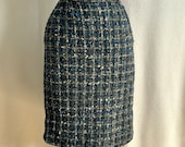 Vintage 1960s Blue Wool Tweed Pencil Skirt XS 23 Waist