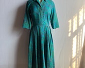 Vintage 1950s Jerry Gilden Spectator Turquoise Paisley Shirtwaist Dress As Is