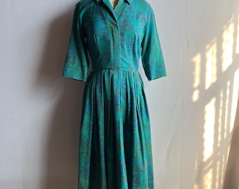 Vintage 1950s Jerry Gilden Spectator Turquoise Paisley Shirtwaist Dress As Is