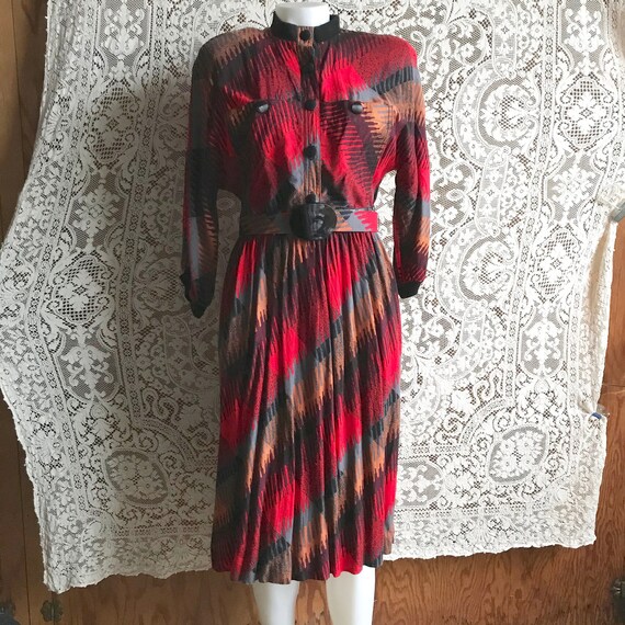 Vintage 1970s 1980s Leslie Fay Red Print Wool Dres