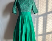 Vintage 1950s Green Lacy Chiffon Fit & Flare Party Dress 32 Bust