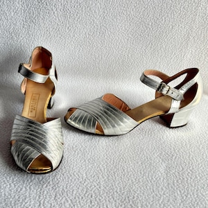 Vintage Silber Leder Peep Toe Blockabsatz Cut Out Pumps Heels 6,5-7