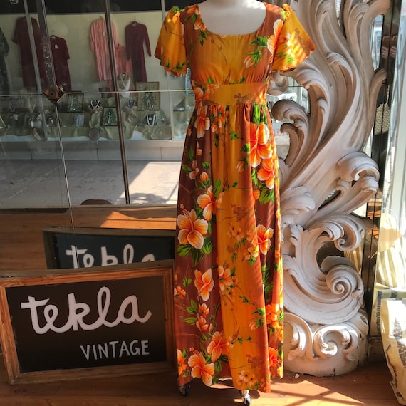 Vintage 1970s HawaiianTiki Barkcloth Maxi Dress Sm