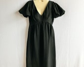 Vintage 1970s Black Baby Doll Puff Sleeve Empire Waist Dress 34 Bust