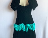 Vintage 1980s Black Velvet & Green Bows Mini Dress Party Prom XS