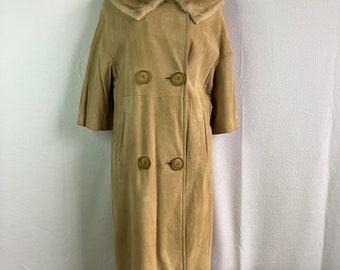 Vintage 1960s Tan Suede Coat with Mink Collar & Elbow Length Sleeves