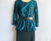 Vintage 1980s Does 1940s Turquoise & Black Wool Peplum Dress Small