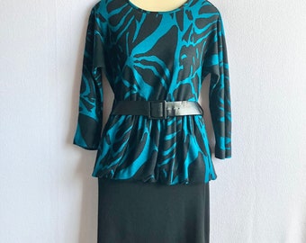 Vintage 1980s Does 1940s Turquoise & Black Wool Peplum Dress Small