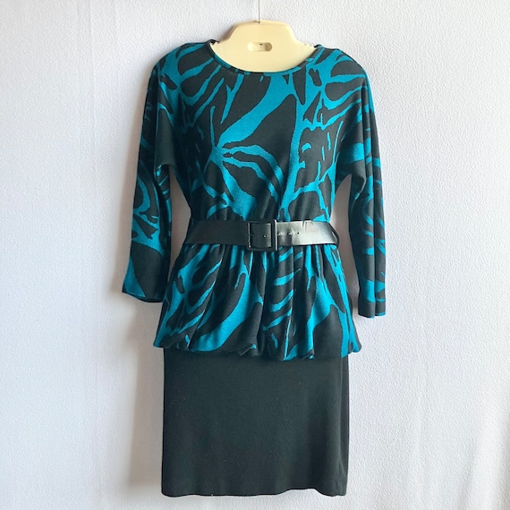 Vintage 1980s Does 1940s Turquoise & Black Wool P… - image 1