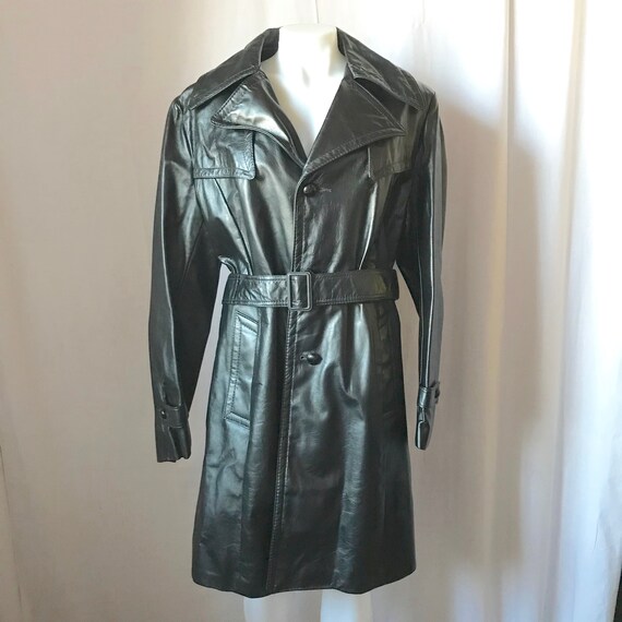 Vintage 1970s Black Leather Belted Coat Reed Sport