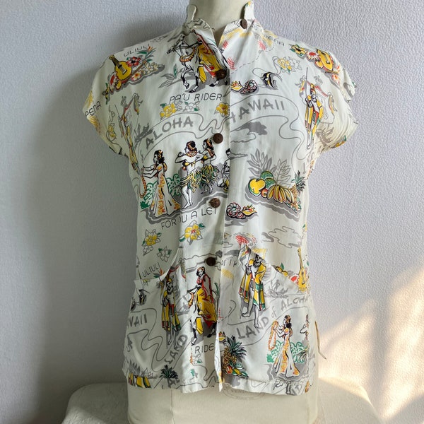 Vintage 1940s 1950s Hale Hawaii Tea Timer Rayon Blouse