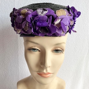 Vintage 1940s Lord & Taylor Black Straw Purple Flowers Brimless Hat with Velvet Ribbon