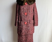 Vintage 1950s Red Tweed Fur Collar Skirt Suit