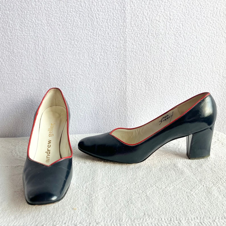 Vintage 1970s Andrew Geller Blue & Red Leather Pumps 8AA Narrow image 1