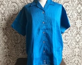 Vintage 1960s 1970s Woman's Blue Bowling Style Shirt 44 NOS