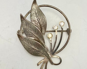 Vintage Silver Tone Leaves & Rhinestone Flowers Brooch