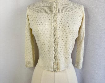 Vintage 1940s 1950s White Ivory Colored Beaded Knit Cardigan Sweater