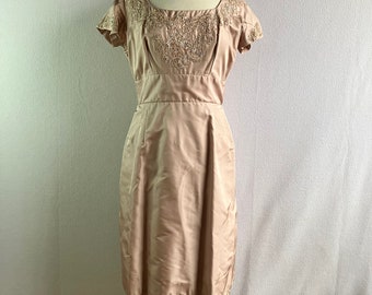 Vintage 1950s Bernetti Pink Silk Satin Embroidered Cocktail Dress