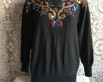 Vintage 1980s Black Beaded Sequined Pullover Sweater M