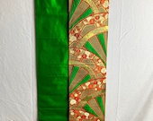 Vintage Japanese Fukuro Obi Green Gold Metallic Floral Fan Design