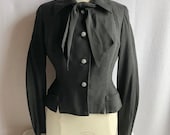 Vintage 1950s Black Nipped Waist Blazer Jacket with Neck Tie 36 Bust 28 Waist