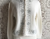 Vintage 1970s White Cardigan Sweater with Silver Embroidery